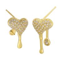 Brass Earring Stud Component, Heart, gold color plated, DIY & with rhinestone, golden, nickel, lead & cadmium free, 9x18.5x15mm,9x16x15mm,1mm, Sold By Pair