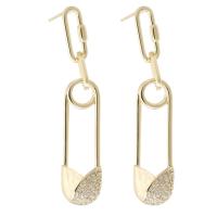 Brass Drop Earring, Safety Pin, gold color plated, for woman & with rhinestone, golden, nickel, lead & cadmium free, 9.5x47mm,1mm, Sold By PC