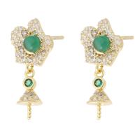 Brass Earring Drop Component, with Green Agate, Flower, gold color plated, DIY & with rhinestone, golden, nickel, lead & cadmium free, 9x18mm,1mm, Sold By PC