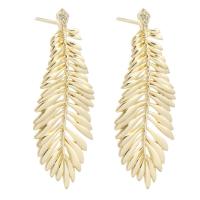 Brass Stud Earring Feather gold color plated for woman & with rhinestone golden nickel lead & cadmium free 1mm Sold By PC