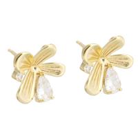 Brass Stud Earring Flower gold color plated for woman & faceted & with rhinestone golden nickel lead & cadmium free 1mm Sold By PC