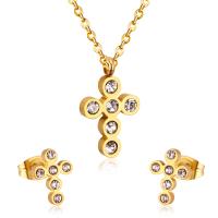 Fashion Stainless Steel Jewelry Sets Stud Earring & necklace 304 Stainless Steel Cross Vacuum Ion Plating 2 pieces & fashion jewelry & for woman & with rhinestone golden 9*12mm 8*10mm Length Approx 17.72 Inch Sold By Set