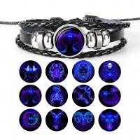 Fashion Time Gem Bracelet, PU Leather, with Glass & Tibetan Style, with 8cm extender chain, Round, silver color plated, Adjustable & fashion jewelry & with constellation symbols & epoxy gel, more colors for choice, 16mm, Length:18 cm, Sold By PC