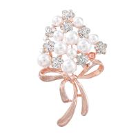 Rhinestone Brooch, Tibetan Style, with Plastic Pearl, Flower, rose gold color plated, for woman & with rhinestone, nickel, lead & cadmium free, 40x62mm, 10PCs/Lot, Sold By Lot