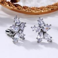 Brass Stud Earring Flower platinum plated micro pave cubic zirconia & for woman nickel lead & cadmium free Sold By Pair