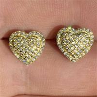 Brass Stud Earring Heart plated micro pave cubic zirconia & for woman nickel lead & cadmium free 13mm Sold By Pair