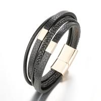 PU Leather Bracelet, with Tibetan Style, gold color plated, fashion jewelry & multilayer & for man, black, Length:Approx 7.8 Inch, Sold By PC