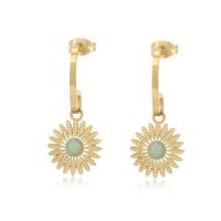 Stainless Steel Drop Earring, 304 Stainless Steel, with turquoise, Flower, plated, for woman, golden, 14x30mm, Sold By Pair