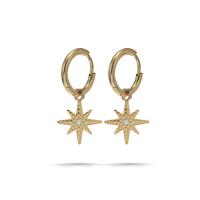 Huggie hoepel Drop Earrings, 304 roestvrij staal, Acht Point Star, micro pave zirconia & voor vrouw, gouden, 12x22mm, Verkocht door pair