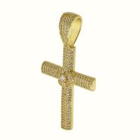 Cubic Zirconia Micro Pave 925 Sterling Silver Pendant, Brass, Cross, gold color plated, fashion jewelry & DIY & micro pave cubic zirconia, golden, 26x49x5mm, Hole:Approx 6mm, 5PCs/Lot, Sold By Lot