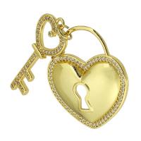 Cubic Zirconia Micro Pave Brass Pendant, heart and key, gold color plated, fashion jewelry & DIY & micro pave cubic zirconia, golden, 29x33x5mm, Hole:Approx 3mm, 10PCs/Lot, Sold By Lot