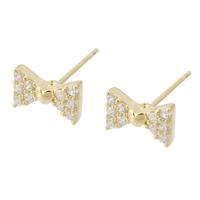 Brass Stud Earring Bowknot gold color plated for woman & with rhinestone golden nickel lead & cadmium free 1mm Sold By PC