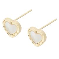 Brass Earring Drop Component, with White Shell, Heart, gold color plated, DIY, golden, nickel, lead & cadmium free, 9x9mm,1mm, Sold By PC