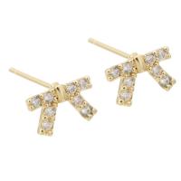 Brass Stud Earring, Bowknot, gold color plated, for woman & with rhinestone, golden, nickel, lead & cadmium free, 9.5x6mm,1mm, Sold By PC