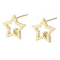 Brass Stud Earring, Star, gold color plated, for woman & with rhinestone & hollow, golden, nickel, lead & cadmium free, 10x10mm,1mm, Sold By PC