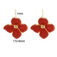 Brass Earring Stud Component, Flower, gold color plated, DIY & enamel, red, nickel, lead & cadmium free, 17x18mm,1mm, Sold By PC
