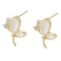 Brass Earring Stud Component with White Shell Butterfly gold color plated DIY & with rhinestone golden nickel lead & cadmium free 1mm Sold By PC