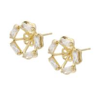 Brass Earring Stud Component with Cubic Zirconia Flower gold color plated DIY & faceted golden nickel lead & cadmium free 1mm Sold By PC