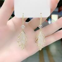 Zinc Alloy Drop Earring with Cats Eye Leaf gold color plated fashion jewelry & for woman & with rhinestone golden nickel lead & cadmium free 30-60mm Sold By Pair