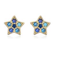 Boucles d'oreilles en laiton zircon cubique pavent, étoile, Placage de couleur d'or, pavé de micro zircon & pour femme, bleu, 10x10mm, Vendu par paire