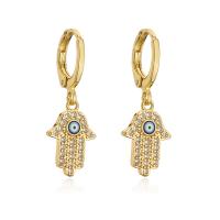 Huggie Hoop Drop Earring Brass Evil Eye Hamsa gold color plated & micro pave cubic zirconia & for woman & enamel Sold By Pair