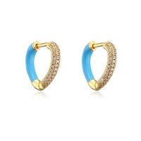 Brass Huggie Hoop Earring Heart gold color plated micro pave cubic zirconia & for woman & enamel Sold By Pair