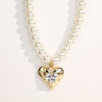 Plastic Pearl Necklace, 304 Stainless Steel, with Plastic Pearl, with 1.96inch extender chain, Heart, Vacuum Ion Plating, for woman & with rhinestone, more colors for choice, Length:Approx 15.7 Inch, Sold By PC