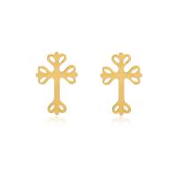 Acier titane boucle d oreille dormeuse, croix, Placage de couleur d'or, pour femme & creux, 7x12mm, Vendu par paire