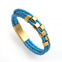 PU Leather Bracelet with Titanium Steel gold color plated three layers & dyed & for man blue Sold By PC