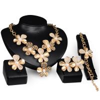 Tibetan Style Jewelry Sets, Stud Earring & finger ring & bracelet & necklace, with Plastic Pearl, Flower, 18K gold plated, 4 pieces & fashion jewelry & for woman & with rhinestone, nickel, lead & cadmium free, Sold By Set