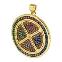 Cubic Zirconia Micro Pave Brass Pendant, Round, gold color plated, fashion jewelry & DIY & micro pave cubic zirconia, multi-colored, 30x33x2mm, Hole:Approx 3.5mm, 5PCs/Lot, Sold By Lot