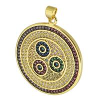 Cubic Zirconia Micro Pave Brass Pendant, Round, gold color plated, fashion jewelry & DIY & micro pave cubic zirconia, multi-colored, 30x33x2mm, Hole:Approx 3.5mm, 5PCs/Lot, Sold By Lot