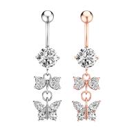 Stainless Steel Belly Ring, 304 Stainless Steel, with Cubic Zirconia & Brass, Butterfly, Galvanic plating, for woman & faceted, more colors for choice, 50-80mm, Sold By PC
