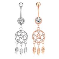 Stainless Steel Belly Ring, 304 Stainless Steel, with Cubic Zirconia & Brass, Dream Catcher, Galvanic plating, for woman & faceted, more colors for choice, 50-80mm, Sold By PC