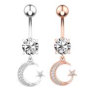 Stainless Steel Belly Ring, 304 Stainless Steel, with Cubic Zirconia & Brass, Moon and Star, Galvanic plating, for woman & faceted, more colors for choice, 50-80mm, Sold By PC