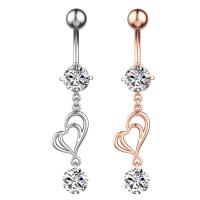 Stainless Steel Belly Ring, 304 Stainless Steel, with Brass, Heart, Galvanic plating, for woman & faceted, more colors for choice, 50-80mm, Sold By PC