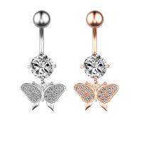 Stainless Steel Belly Ring, 304 Stainless Steel, with Cubic Zirconia & Brass, Butterfly, Galvanic plating, for woman & faceted, more colors for choice, 50-80mm, Sold By PC