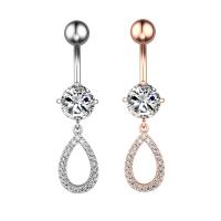Stainless Steel Belly Ring, 304 Stainless Steel, with Cubic Zirconia & Brass, Teardrop, Galvanic plating, for woman & faceted & hollow, more colors for choice, 50-80mm, Sold By PC