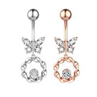 Stainless Steel Belly Ring, 304 Stainless Steel, with Cubic Zirconia & Brass, Butterfly, Galvanic plating, for woman & faceted & hollow, more colors for choice, 50-80mm, Sold By PC
