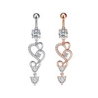 Stainless Steel Belly Ring, 304 Stainless Steel, with Cubic Zirconia & Brass, Heart, Galvanic plating, for woman & faceted, more colors for choice, 50-80mm, Sold By PC