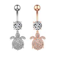 Stainless Steel Belly Ring, 304 Stainless Steel, with Cubic Zirconia & Brass, Turtle, Galvanic plating, for woman & faceted, more colors for choice, 50-80mm, Sold By PC