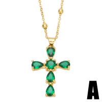 Cubic Zircon Micro Pave Brass Necklace, with 1.97 extender chain, Cross, gold color plated, different styles for choice & micro pave cubic zirconia & for woman, green, nickel, lead & cadmium free, 38x23mm, Length:17.32 Inch, Sold By PC
