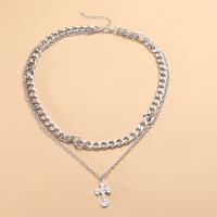 Multi Layer Necklace Zinc Alloy Cross platinum color plated Double Layer & for woman nickel lead & cadmium free Length Approx 15.7-17.7 Inch Sold By PC