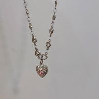 Zinc Alloy smykker halskæde, med 1.96inch extender kæde, Heart, platin farve forgyldt, for kvinde & med rhinestone, nikkel, bly & cadmium fri, Længde Ca. 15.7 inch, Solgt af PC