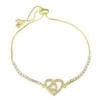 Cubic Zirconia Micro Pave Brass Bracelet, Heart, gold color plated, Adjustable & micro pave cubic zirconia & for woman & hollow, 18x13x2mm, Length:Approx 10 Inch, Sold By PC