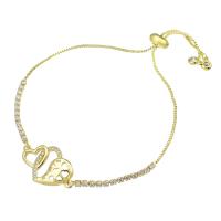 Bracelet cubique en laiton zircon pavent, coeur, Placage de couleur d'or, Réglable & pavé de micro zircon & pour femme & creux, 24x14.50x3mm, Longueur Environ 10 pouce, Vendu par PC