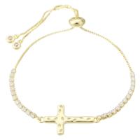 Bracelet cubique en laiton zircon pavent, croix, Placage de couleur d'or, Réglable & pavé de micro zircon & pour femme, 26x14x2mm, Longueur 10 pouce, Vendu par PC