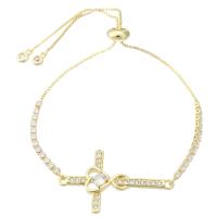 Cubic Zirconia Micro Pave Brass Bracelet, Cross, gold color plated, Adjustable & micro pave cubic zirconia & for woman, 36x21x4mm, Length:10 Inch, Sold By PC