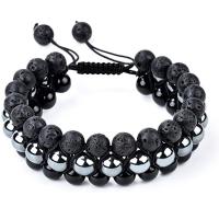 Hematite Woven Ball Bracelets, with Polyester Cord & Lava, handmade, Unisex, black, 8mm, Sold By PC