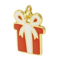 Bijoux pendentifs en laiton, En forme de boîte de cadeau, Placage de couleur d'or, Conception de Noël & bijoux de mode & DIY & émail, deux couleurs différentes, 12x16x1mm, Trou:Environ 3mm, 10PC/lot, Vendu par lot
